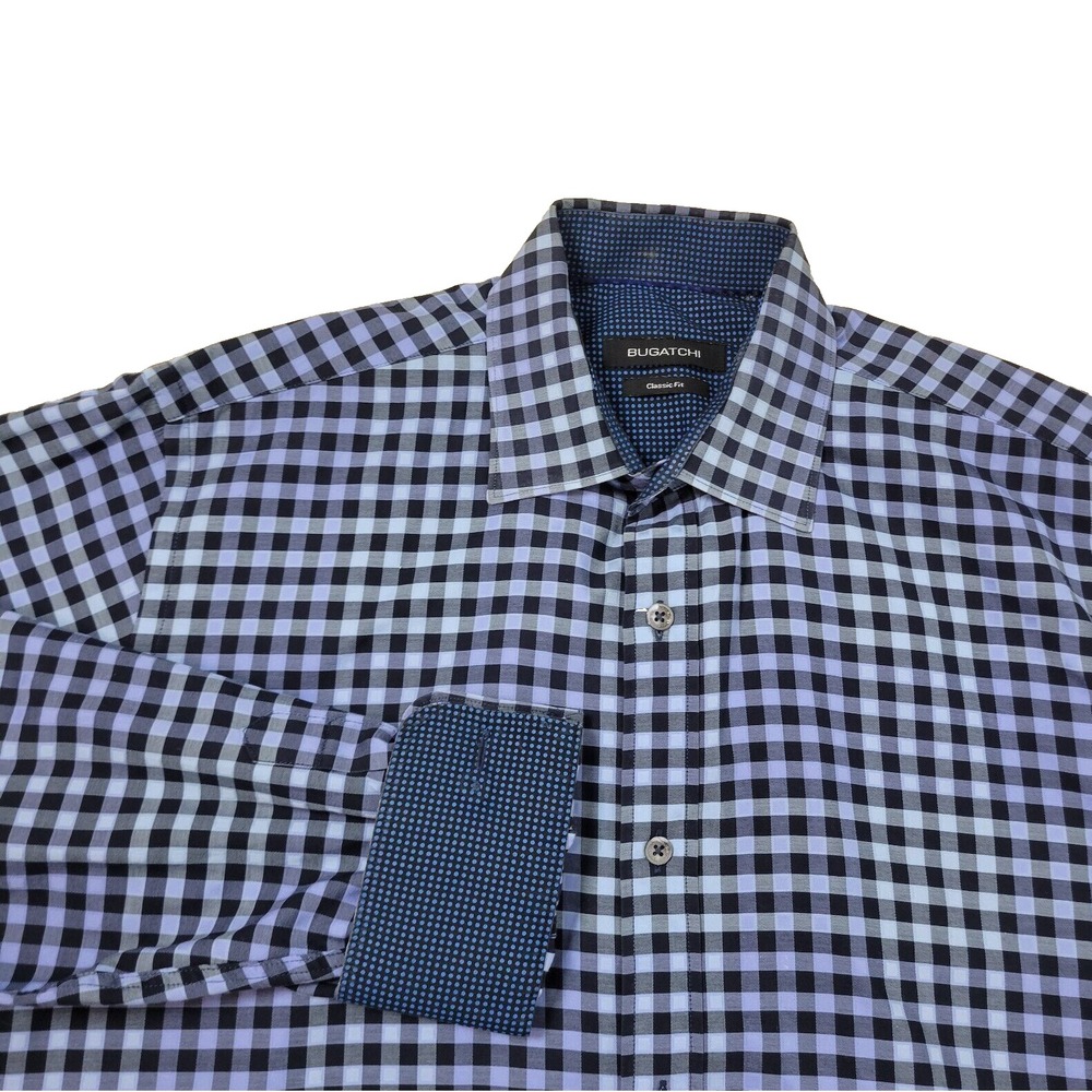Bugatchi Classic Fit Mens 16-34 Blue Black Gingham Check Long Sleeve Button Up